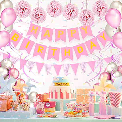 Decoración cumpleaños, juego de decoración de cumpleaños para niños 34 piezas accesorios de decoración material seguro guirnalda de feliz cumpleaños para niñas niños hombres y mujeres - rosa y blanco