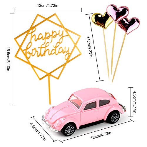 Decoración de Tartas, PTNeu Decoraciones de Pasteles Cake Topper, Con Complemento de Feliz Cumpleaños, Coche Rosa, Complemento en Forma de Corazón, Estilo Lindo Pastel De Para Niña Niño Cumpleaños