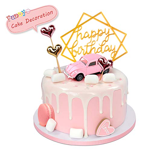 Decoración de Tartas, PTNeu Decoraciones de Pasteles Cake Topper, Con Complemento de Feliz Cumpleaños, Coche Rosa, Complemento en Forma de Corazón, Estilo Lindo Pastel De Para Niña Niño Cumpleaños