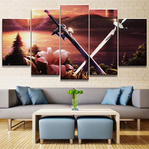 Decoración del hogar Cartel impreso en lienzo 5 piezas Sword Art Online Pintura en HD Mural Imagen moderna Sala de estar Modular 30 * 40 * 2 30 * 60 * 2 30 * 120Cm Marco Vaya