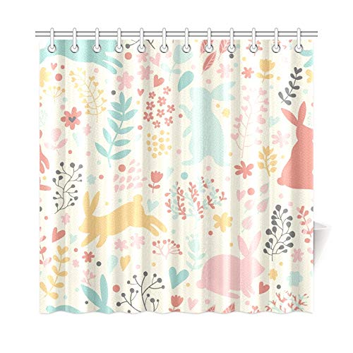 Decoración para el hogar Cortina de baño Conejos preciosos Corazones Flores Tela de poliéster infantil linda Cortina de ducha impermeable para baño, cortinas de ducha de 72 x 72 pulgadas Ganchos inclu