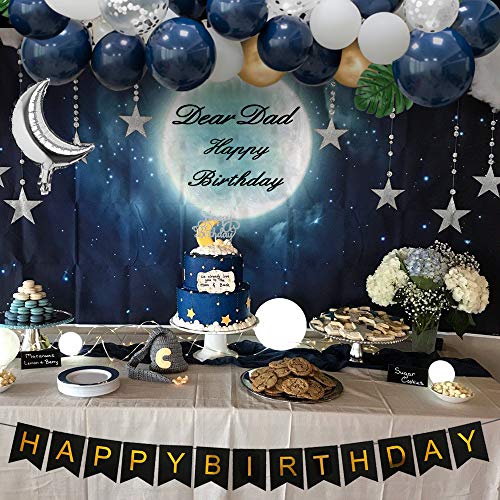 Decoraciones cumpleaños, globos blancos azul marino, globos confeti plateados, globos dorados metálicos, pancarta FELIZ CUMPLEAÑOS, pancarta plateada con estrellas, hojas de palma, adorno de pastel