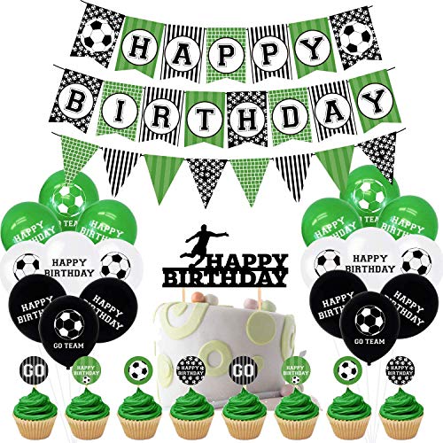 Decoraciones de fiesta de cumpleaños temáticas de fútbol, 47pcs Banner de cumpleaños de fútbol, adornos para tartas, globos, para niños, fanáticos del fútbol, tema deportivo, suministros para fiestas