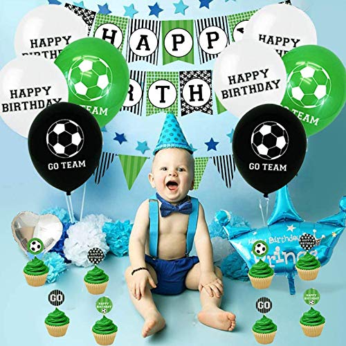 Decoraciones de fiesta de cumpleaños temáticas de fútbol, 47pcs Banner de cumpleaños de fútbol, adornos para tartas, globos, para niños, fanáticos del fútbol, tema deportivo, suministros para fiestas