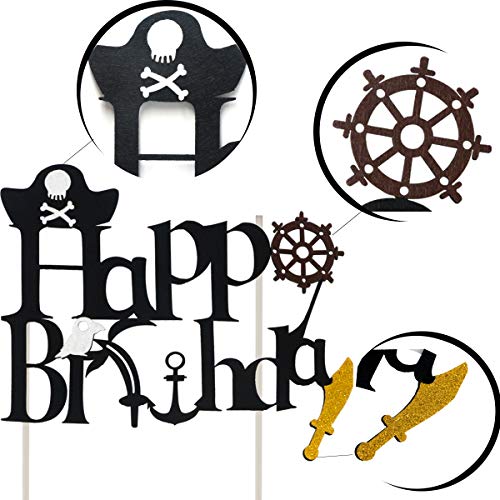 Decoraciones para fiesta de cumpleaños pirata con pancarta de tatuaje pirata para niños Globos de barco pirata 1 ° 2 ° 3 ° 5 ° 6 ° 10 ° Suministros de cumpleaños con temática pirata (cake topper)