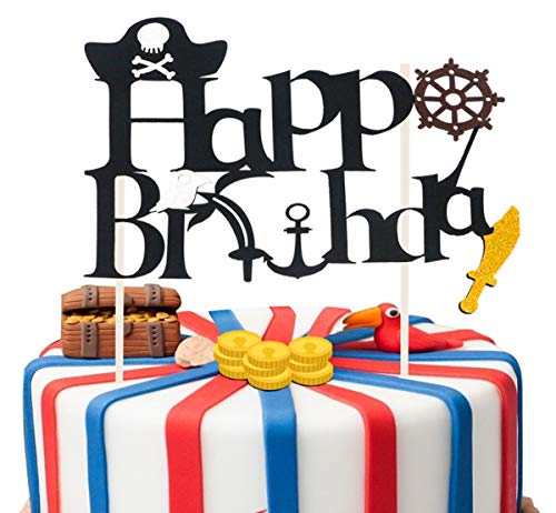 Decoraciones para fiesta de cumpleaños pirata con pancarta de tatuaje pirata para niños Globos de barco pirata 1 ° 2 ° 3 ° 5 ° 6 ° 10 ° Suministros de cumpleaños con temática pirata (cake topper)