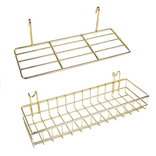 DEDC Rejilla Estantes de Pared Cesta con Ganchos, Estantería, Estante de Exhibición para Panel de Rejilla de Pared, Estante de Almacenamiento para Oficina (Dorado, Cesta + Bandeja)