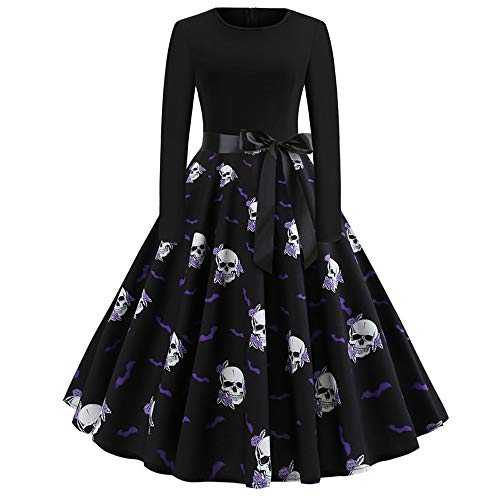 DEELIN Moda De La Mujer Negro Vintage Calabaza CráNeo Imprimir Manga Larga Noche De Halloween Fiesta De Swing Vestido De Manga Larga Vestido De Fiesta De Halloween