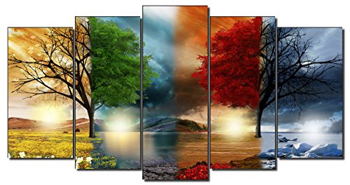 DekoArte 243 - Cuadros Modernos Impresión de Imagen Artística Digitalizada | Lienzo Decorativo para Salón o Dormitorio | Estilo Paisaje Cuatro Estaciones del año Árboles Rojo | 5 Piezas 200x100cm XXL