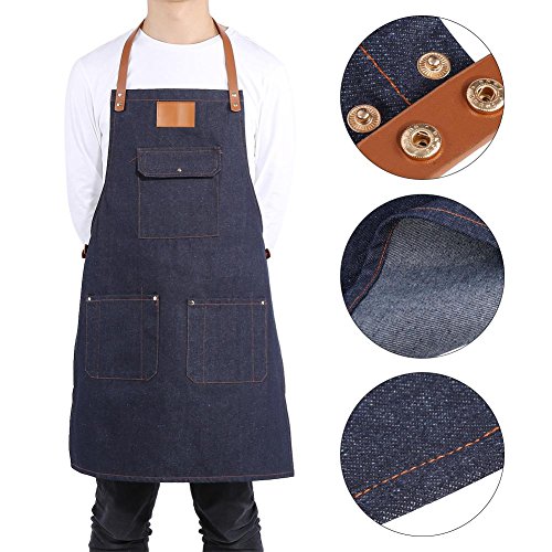 Delantal Cocina, Delantal con Bolsillos Babero de Mezclilla Delantal Correa de Cuero Baker Bartender BBQ Chef Trabajo Uniforme de Cocina para Cocinar/Hornear/Asar(Denim)