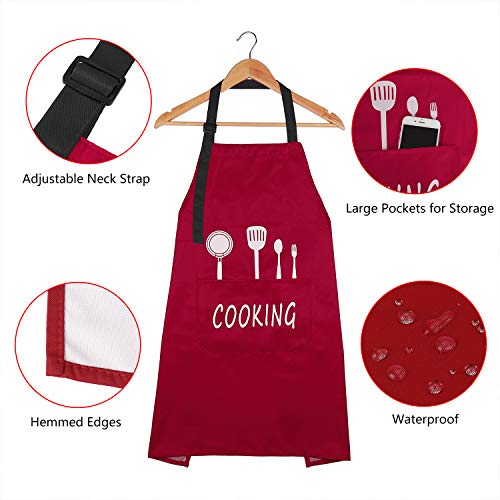 Delantal de Cocina Impermeable con Bolsillos Correa para el Cuello Ajustable Delantales Hombre Mujer Delantal Cocinero Mandil Cocina para Jardinería Restaurante Barbacoa Cocinar Hornear (Rojo)