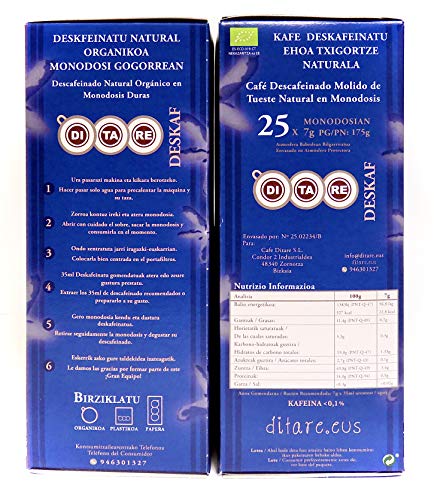 Descafeinado-DITARE DESKAF- 75 Monodosis duras 44mm. x 7g.-Natural de Agricultura Ecológica -Pack 3 x 25/u. Total: 75 Unidosis. Cafeína menor 0.1%.-Compatible con máquinas expres de brazo y aptas