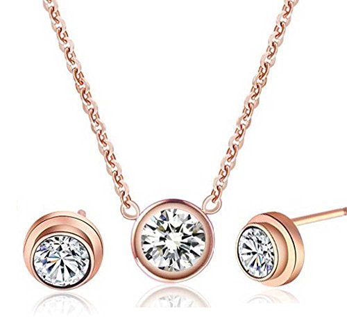 Descubrir 14 K bañado en oro rosa de diamante collar con colgante de acero de titanio individual + Juego de pendientes con cristales de, para mujer, (f1327)