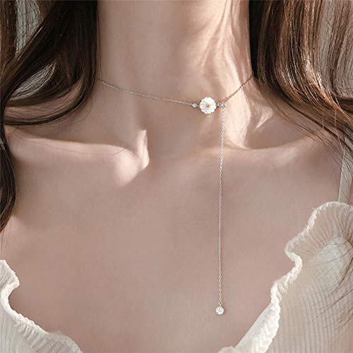 DGFGCS Collar de Plata para Mujer Shell Crisantemo Flor Brillante Fresco Encantador 925 Cadena De Clavícula De Plata Esterlina Collar Femenino