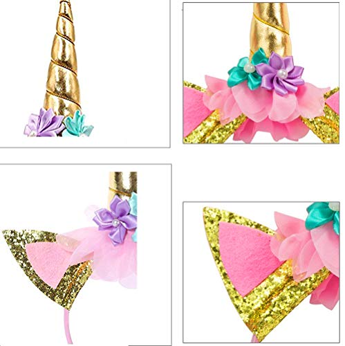 Diadema de cuerno dorado con orejas y accesorios para fotos de niña, disfraz de mejillas de cumpleaños con purpurina dorada, diadema, accesorio para decoración de fiestas y disfraces de cosplay