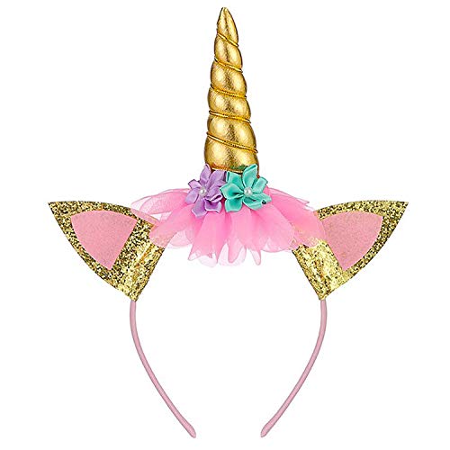 Diadema de cuerno dorado con orejas y accesorios para fotos de niña, disfraz de mejillas de cumpleaños con purpurina dorada, diadema, accesorio para decoración de fiestas y disfraces de cosplay