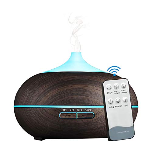 Difusor de aceite esencial de 550 ml con control remoto, aromaterapia de grano de madera, humidificador de niebla fría con temporizador, apagado automático sin agua y 7 colores de luz LED (Dark Grain)