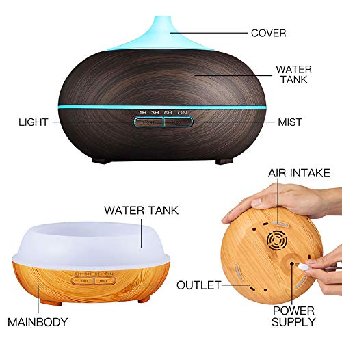 Difusor de aceite esencial de 550 ml con control remoto, aromaterapia de grano de madera, humidificador de niebla fría con temporizador, apagado automático sin agua y 7 colores de luz LED (Dark Grain)