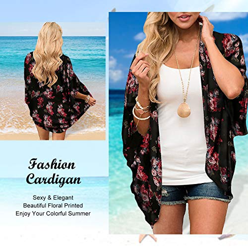 Digitek Direct - Chal de gasa para mujer con estampado floral de gasa, kimono, para cubrir boho de verano, blusa informal de playa, traje de baño Negro-a S