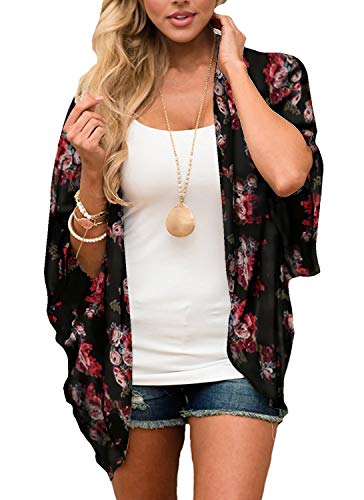 Digitek Direct - Chal de gasa para mujer con estampado floral de gasa, kimono, para cubrir boho de verano, blusa informal de playa, traje de baño Negro-a S