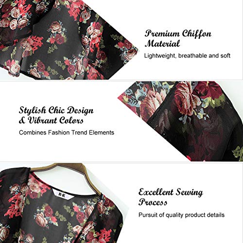 Digitek Direct - Chal de gasa para mujer con estampado floral de gasa, kimono, para cubrir boho de verano, blusa informal de playa, traje de baño Negro-a S