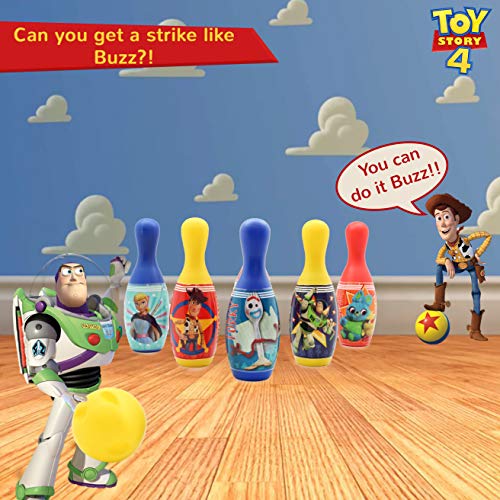 Disney Toy Story 4 Set Bolos Infantil Pixar | Juego De Bolos para Niños con 6 Bolos Azul, Rojos, Amarillo Y Una Bola De Bolos Amarilla | Bolos Infantiles Juegos De Exterior E Interior