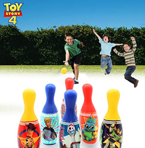 Disney Toy Story 4 Set Bolos Infantil Pixar | Juego De Bolos para Niños con 6 Bolos Azul, Rojos, Amarillo Y Una Bola De Bolos Amarilla | Bolos Infantiles Juegos De Exterior E Interior