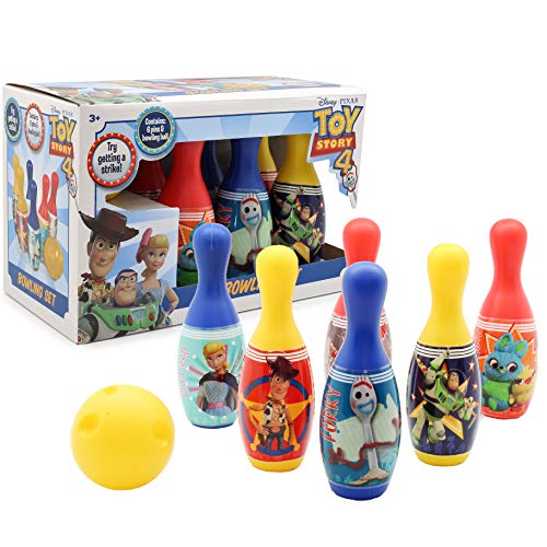 Disney Toy Story 4 Set Bolos Infantil Pixar | Juego De Bolos para Niños con 6 Bolos Azul, Rojos, Amarillo Y Una Bola De Bolos Amarilla | Bolos Infantiles Juegos De Exterior E Interior