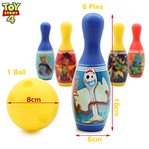 Disney Toy Story 4 Set Bolos Infantil Pixar | Juego De Bolos para Niños con 6 Bolos Azul, Rojos, Amarillo Y Una Bola De Bolos Amarilla | Bolos Infantiles Juegos De Exterior E Interior