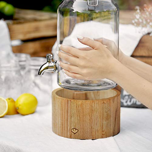 Dispensador de Bebidas 3,8 L con Grifo de Acero Inoxidable GRETA, Dispensador Bebidas Botella vidrio con soporte de Madera Mason Jar Vintage Design