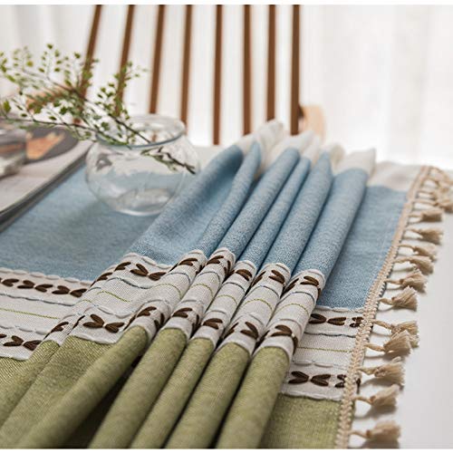 DJUX - Mantel pequeño de algodón y Lino, Bordado con Borla, Mantel Rectangular para café, casa, Mantel de Mesa de café, Toalla de algodón, Líneas Azul-Verde + Borla, 140 * 200CM