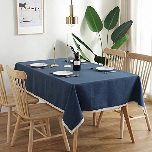 DJUX - Mantel Rectangular de algodón de cáñamo Resistente al Agua con Borla Redonda para Mesa de Comedor (poliéster), Azul Marino Impermeable + Encaje, 140 * 300CM