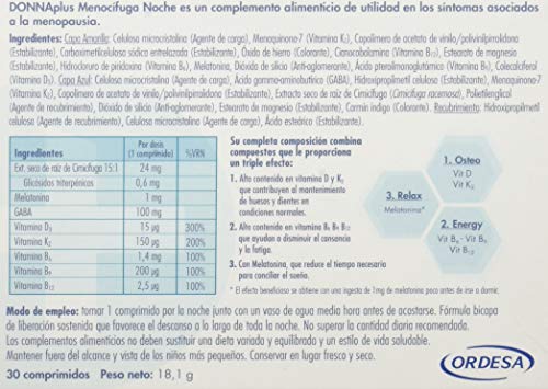 DonnaPlus Menocífuga Noche 30 comprimidos, complemento alimenticio para la mujer en la menopausia. Cimicífuga racemosa, Melatonina, GABA y Vitaminas K2, D3, B6, B9 y B12. 1 Cápsula por la noche.