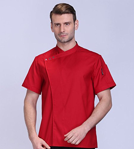 Dooxii Unisexo Hombre Mujeres Verano Manga Corta Camisa de Cocinero Transpirable Pastel para Hornear Chaquetas de Chef Uniforme Cocina Restaurante Occidental Rojo M