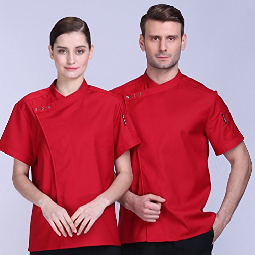 Dooxii Unisexo Hombre Mujeres Verano Manga Corta Camisa de Cocinero Transpirable Pastel para Hornear Chaquetas de Chef Uniforme Cocina Restaurante Occidental Rojo M