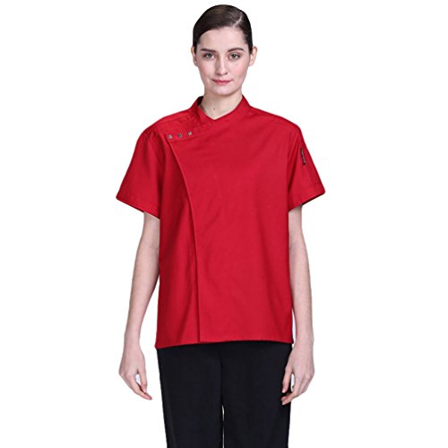 Dooxii Unisexo Hombre Mujeres Verano Manga Corta Camisa de Cocinero Transpirable Pastel para Hornear Chaquetas de Chef Uniforme Cocina Restaurante Occidental Rojo M