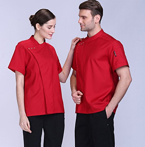 Dooxii Unisexo Hombre Mujeres Verano Manga Corta Camisa de Cocinero Transpirable Pastel para Hornear Chaquetas de Chef Uniforme Cocina Restaurante Occidental Rojo M