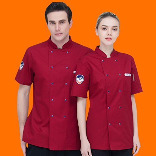 Dooxii Unisexo Mujeres Hombre Moda Verano Manga Corta Camisa de Cocinero Transpirable Chaquetas de Chef Uniforme Restaurante Occidental Cocina Trasera Rojo M