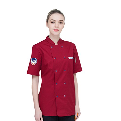 Dooxii Unisexo Mujeres Hombre Moda Verano Manga Corta Camisa de Cocinero Transpirable Chaquetas de Chef Uniforme Restaurante Occidental Cocina Trasera Rojo M