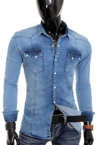 D&R Fashion Camisa Gruesos Denim Jeans Hombres con Collar Normal y Bolsillos Elegantes