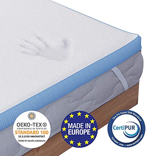 Dreamzie - Topper Colchón Viscoelástico 150 x 200 cm - 5 cm Espuma de Alta Densidad 45 kg/m3 Efecto Memoria Ergonómica - 4 Grande Esquinas 30cm - Certificación Oeko Tex