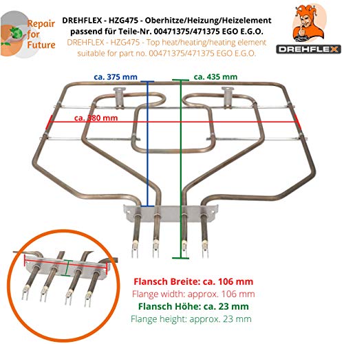 DREHFLEX HZG475 – Calor superior/calefacción/elemento de calefacción– apto para diferentes hornos Bosch/Siemens/Neff/Constructa – apto para piezas número 00471375/471375 EGO E.G.O.