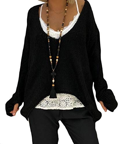 DressUWomen Dobladillo Asimétrico De Punto De Manga Larga Sobre Dimensionada Suéter V Cuello Para Mujeres EE.UU 3X=China 4XL Negro