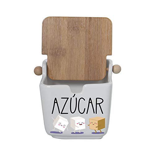 DRW Azucarero Original Cuadrado de Cerámica y Tapa de Madera con Logo Azúcar en Blanco