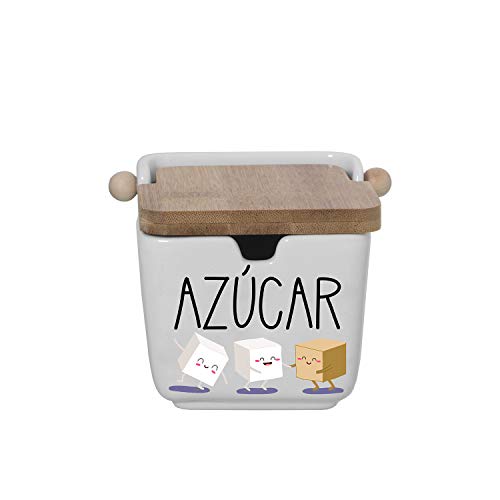 DRW Azucarero Original Cuadrado de Cerámica y Tapa de Madera con Logo Azúcar en Blanco