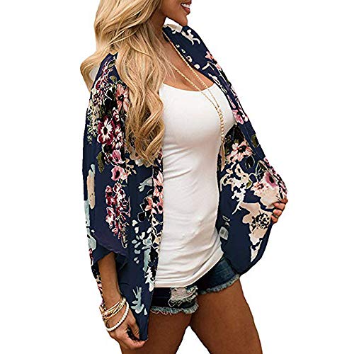 Durio - Kimono para mujer, blusa corta de verano para playa, ligera con flores azul marino L