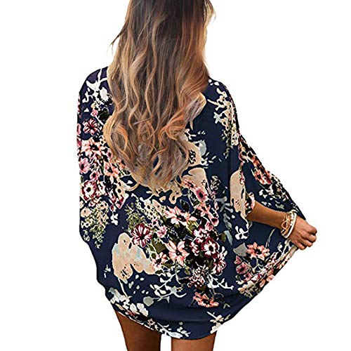 Durio - Kimono para mujer, blusa corta de verano para playa, ligera con flores azul marino L