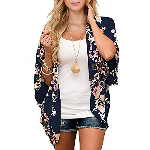 Durio - Kimono para mujer, blusa corta de verano para playa, ligera con flores azul marino L