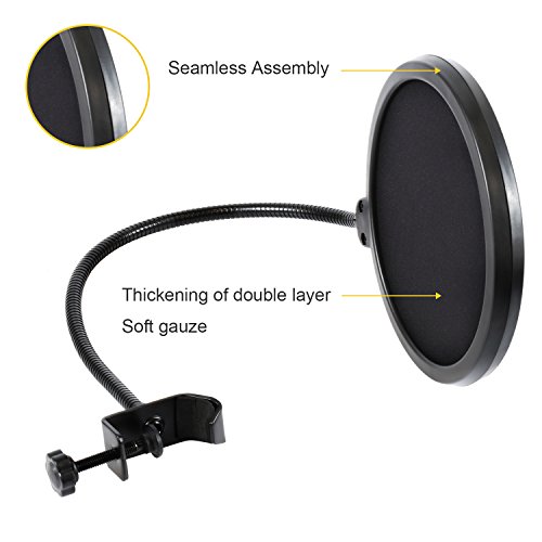 Earamble filtro pop anti pop Microphone Pop Filter para Blue Yeti y cualquier otro Micrófono Pantalla Pop de viento de doble capa con brazo flexible de clip de cuello de cisne de 360 ​​°