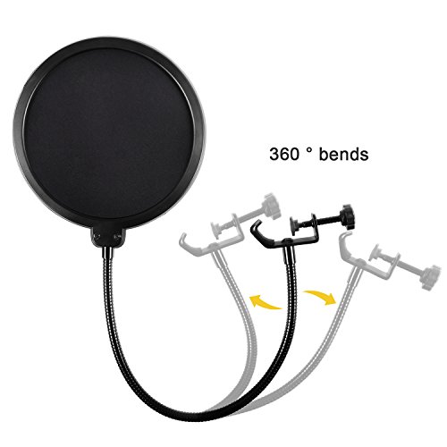 Earamble filtro pop anti pop Microphone Pop Filter para Blue Yeti y cualquier otro Micrófono Pantalla Pop de viento de doble capa con brazo flexible de clip de cuello de cisne de 360 ​​°